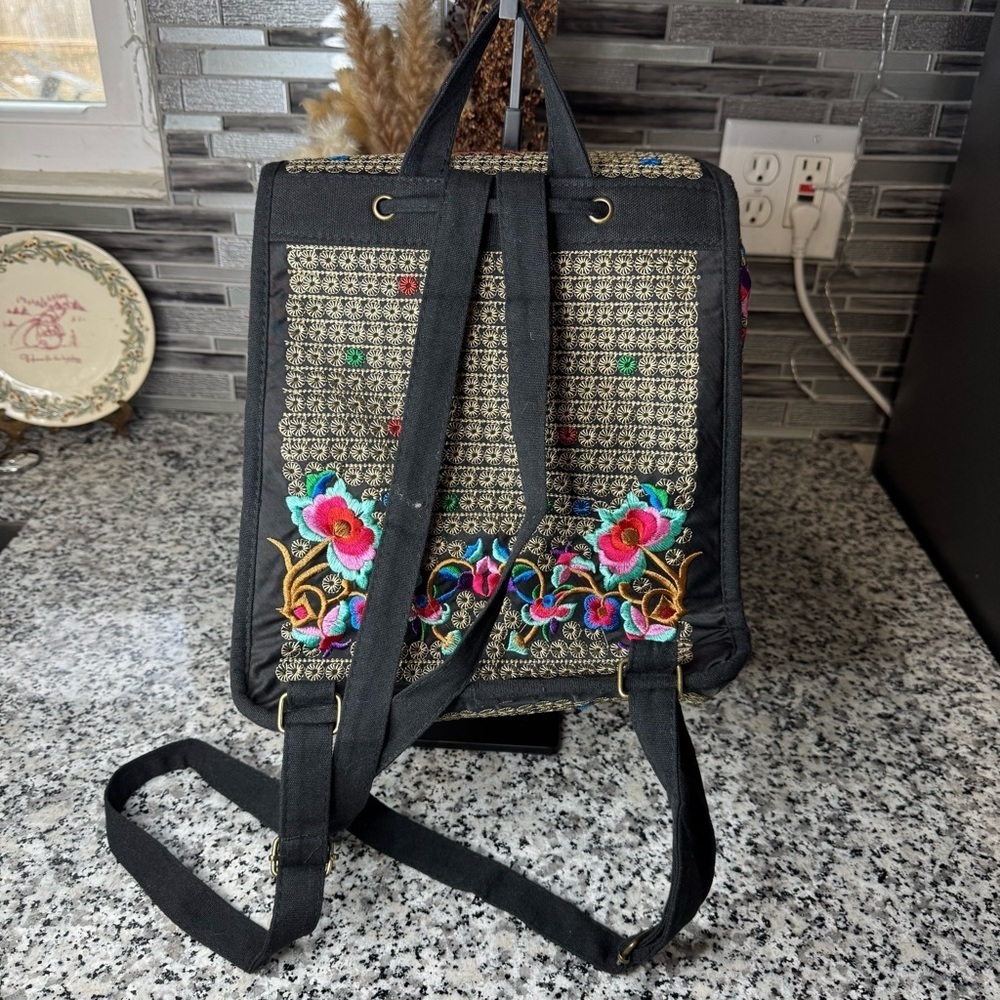 Women's Vintage Unique Cute Canvas Backpack Purse with Floral Embroidery - Picture 6 of 13